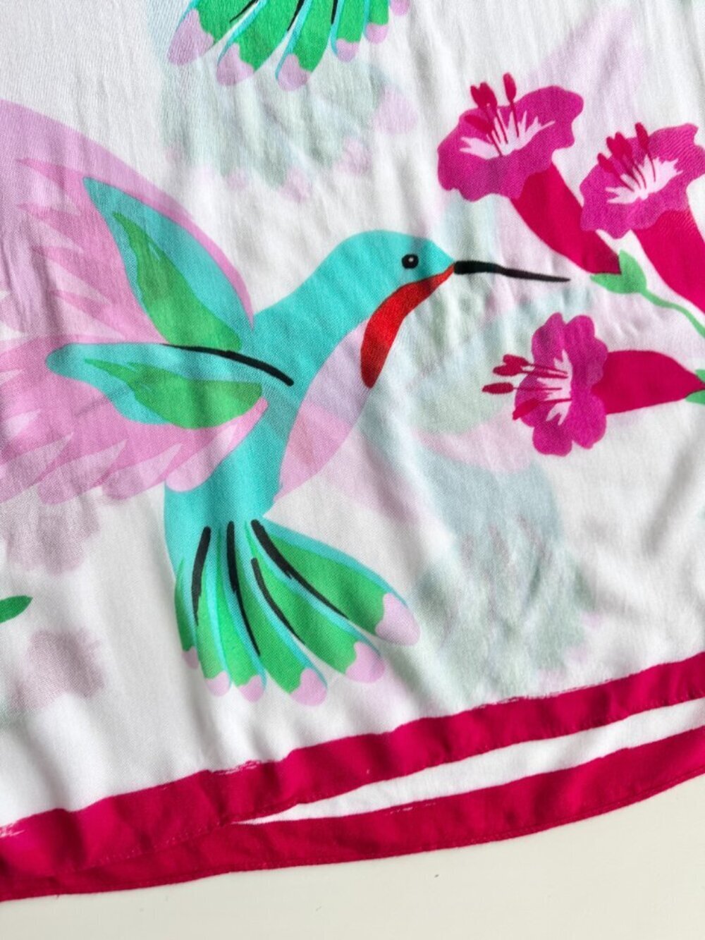 KATE SPADE White Pink Turquoise Floral Hummingbird Printed Viscose Oblong Scarf - Picture 4 of 7
